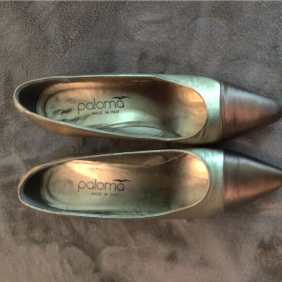PALOMA two tone gold patent leather and satin heels vintage 7.5 - Picture 3 of 7